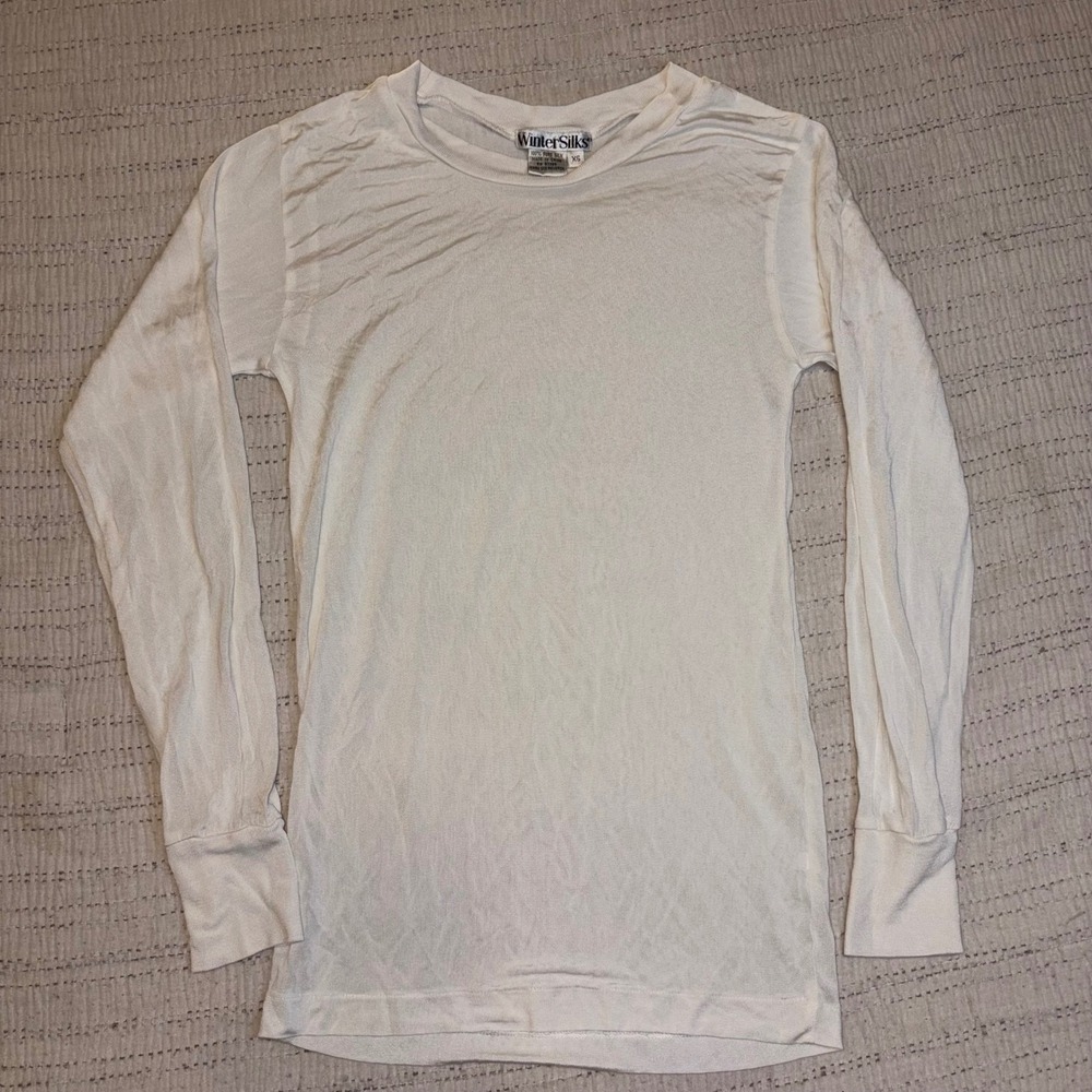 WinterSilks Womens XS 100% Pure Silk Long Sleeve Crewneck Top Cream Off-White